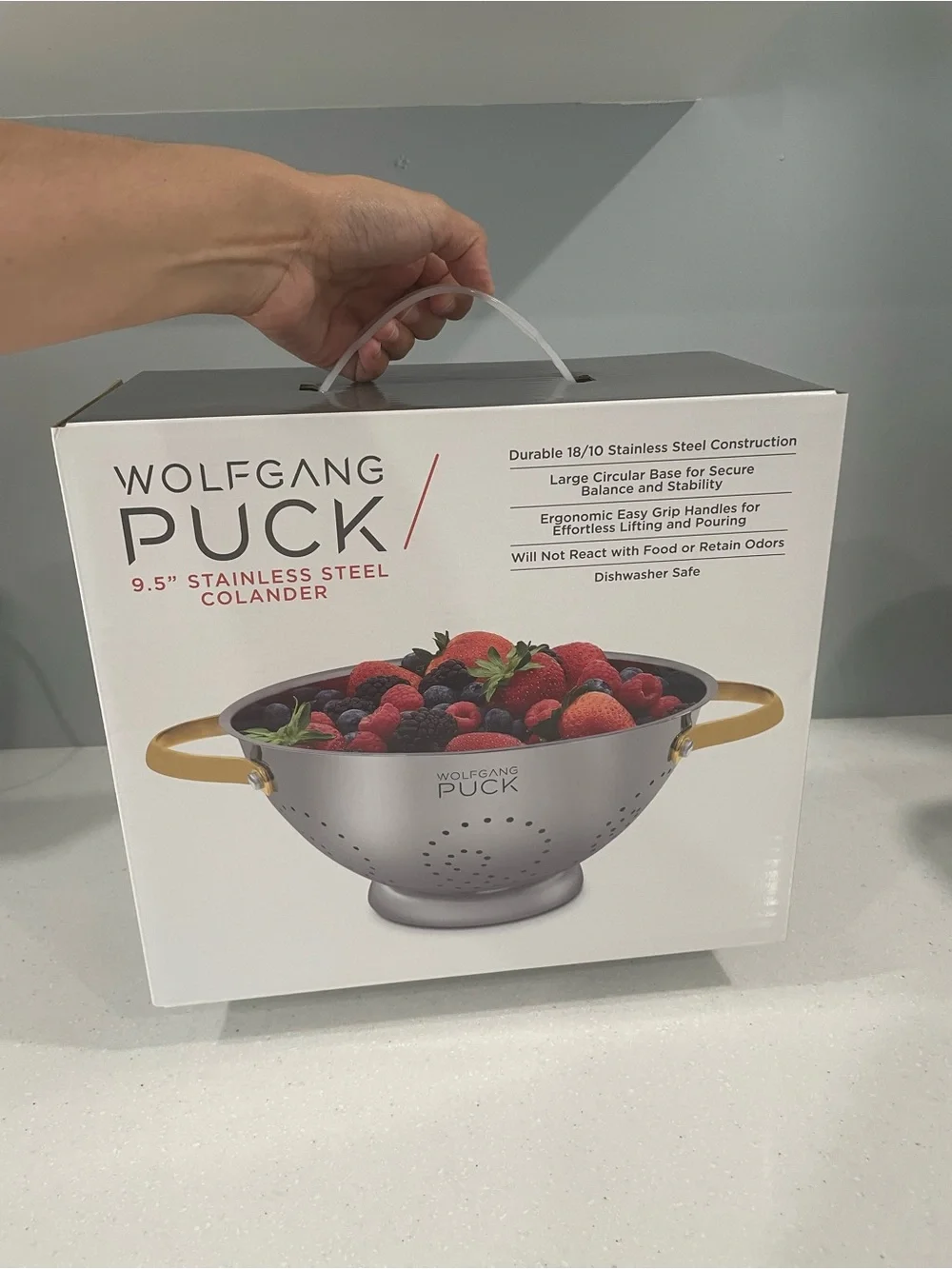 Wolfgang Puck 9.5” Stainless Steel Colander with Gold Handles – New in Box
